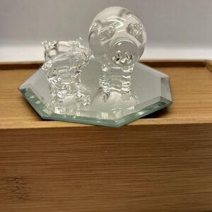 Vintage Glass Mother Pig And 2 Piglets on Mirror 3" Diameter Mama 1.5" High